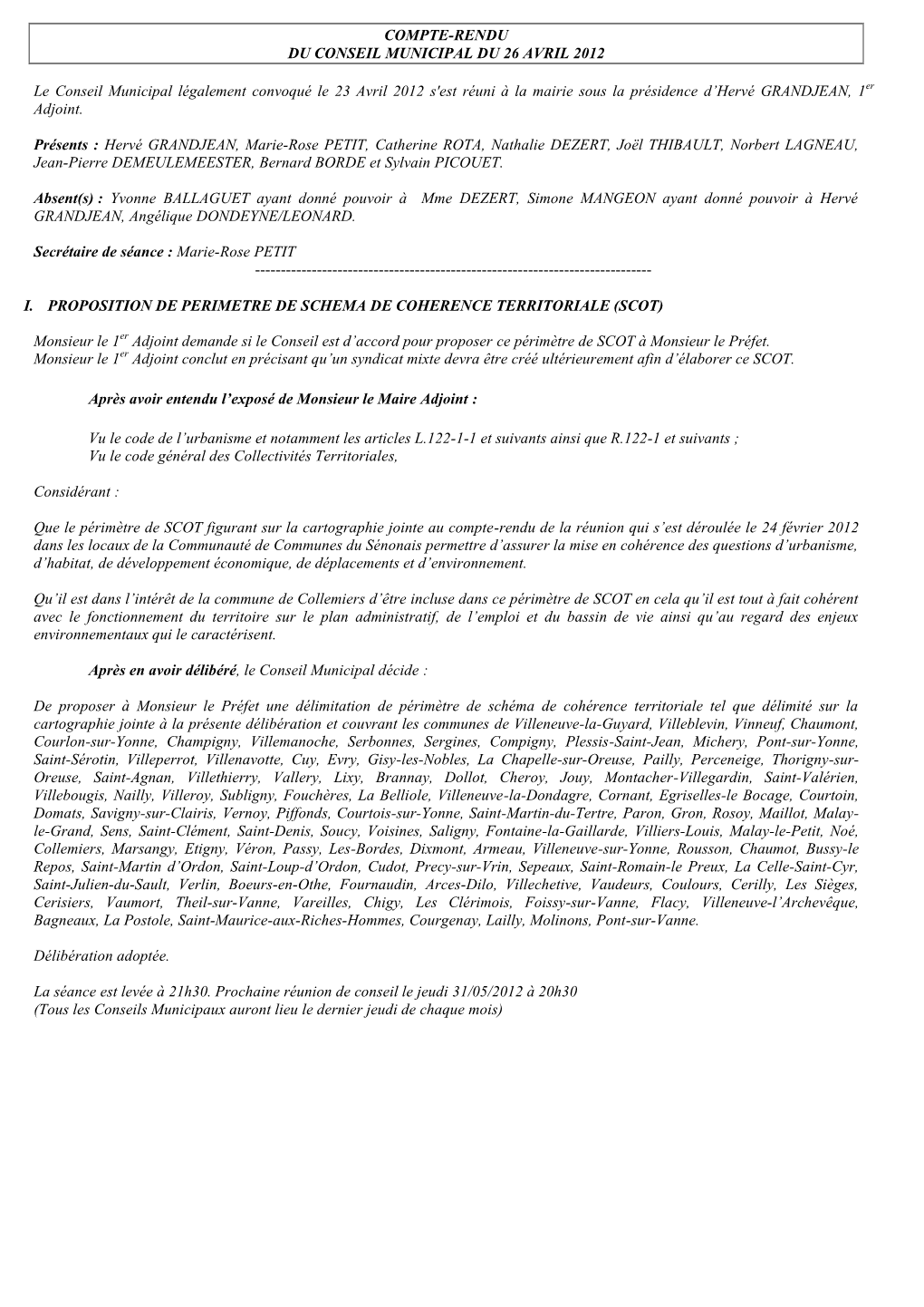 Compte Rendu Conseil Municipal D'avril 2012