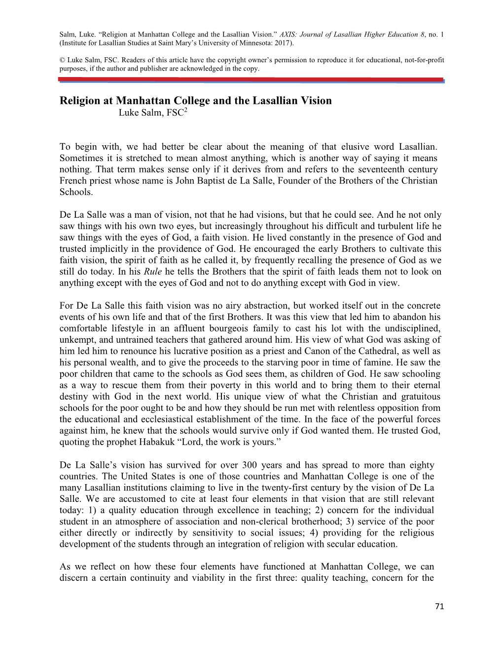 Religion at Manhattan College and the Lasallian Vision.” AXIS: Journal of Lasallian Higher Education 8, No