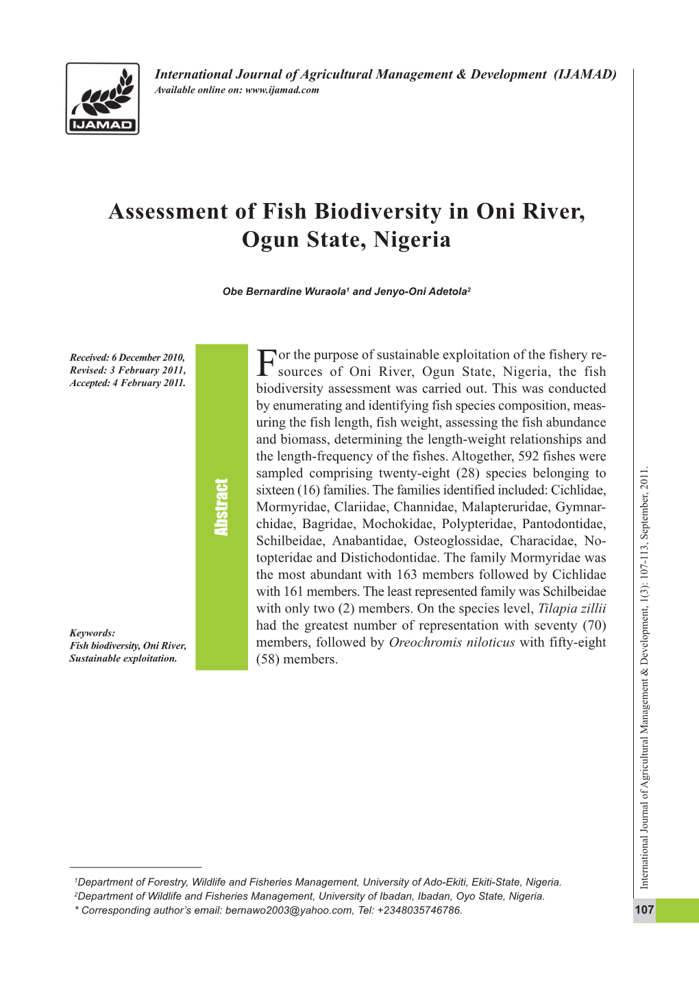 Assessment of Fish Biodiversity in Oni River, Ogun State, Nigeria