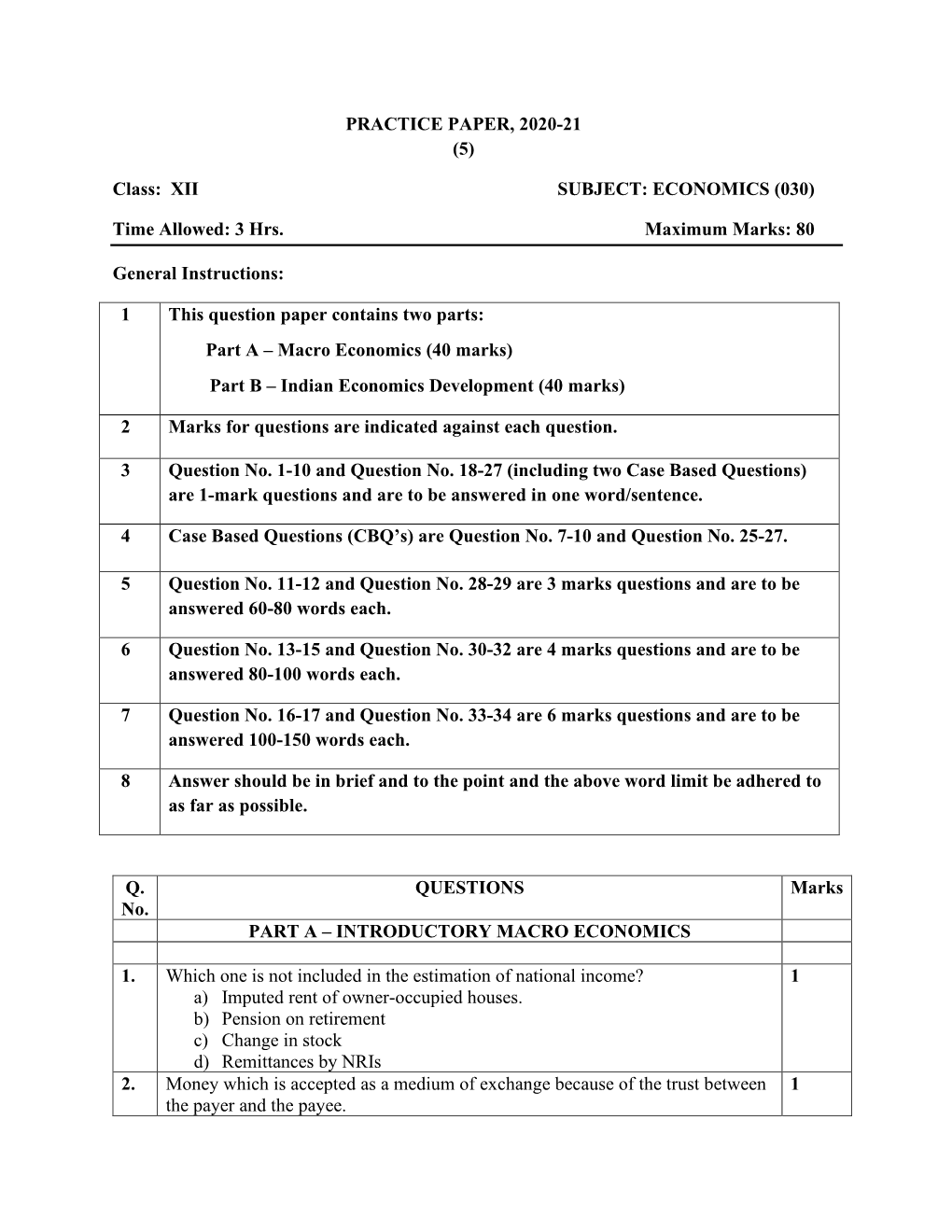 PRACTICE PAPER, 2020-21 (5) Class: XII SUBJECT: ECONOMICS