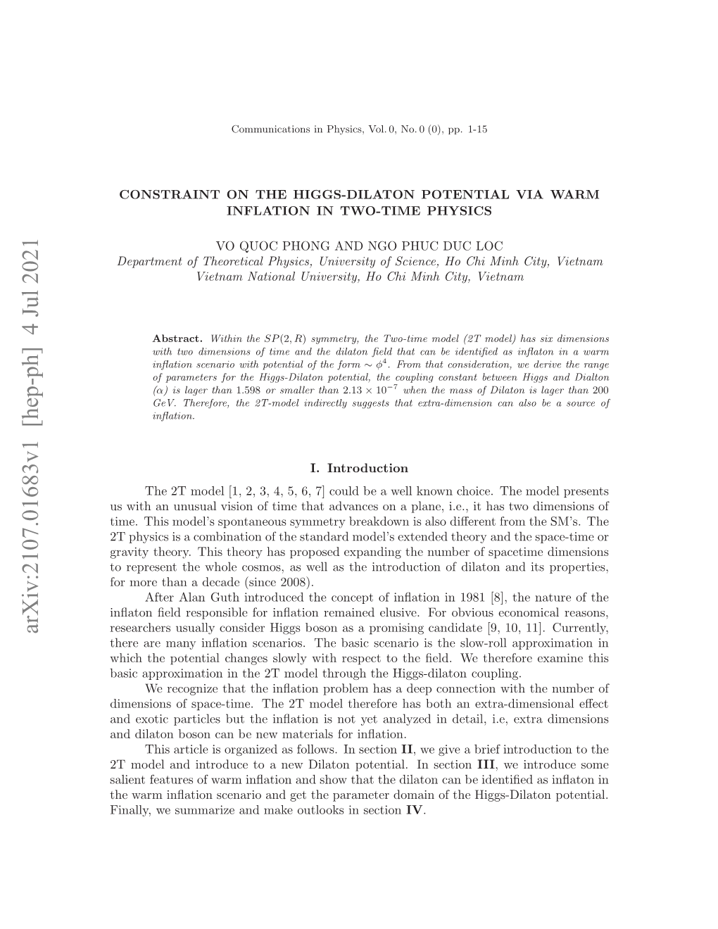 Arxiv:2107.01683V1 [Hep-Ph] 4 Jul 2021 Ai Prxmto Nte2 Oe Hog H Higgs-Dilat the ﬁeld