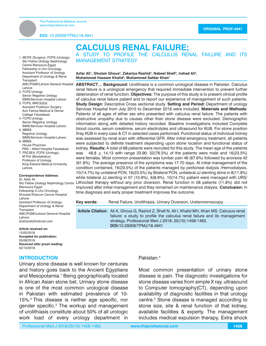 Calculus Renal Failure; a Study to Profile the Calculus Renal Failure and Its 1