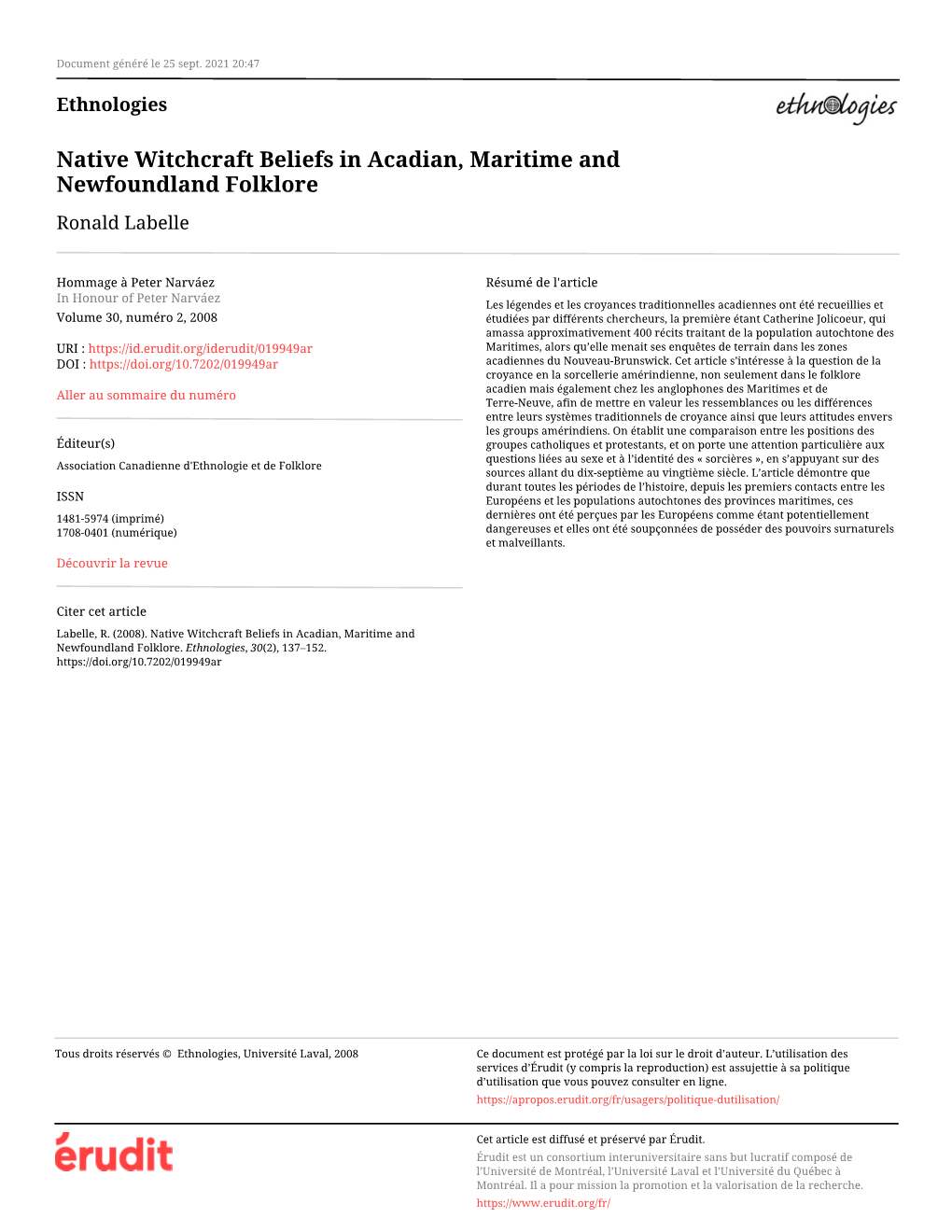 Native Witchcraft Beliefs in Acadian, Maritime and Newfoundland Folklore Ronald Labelle