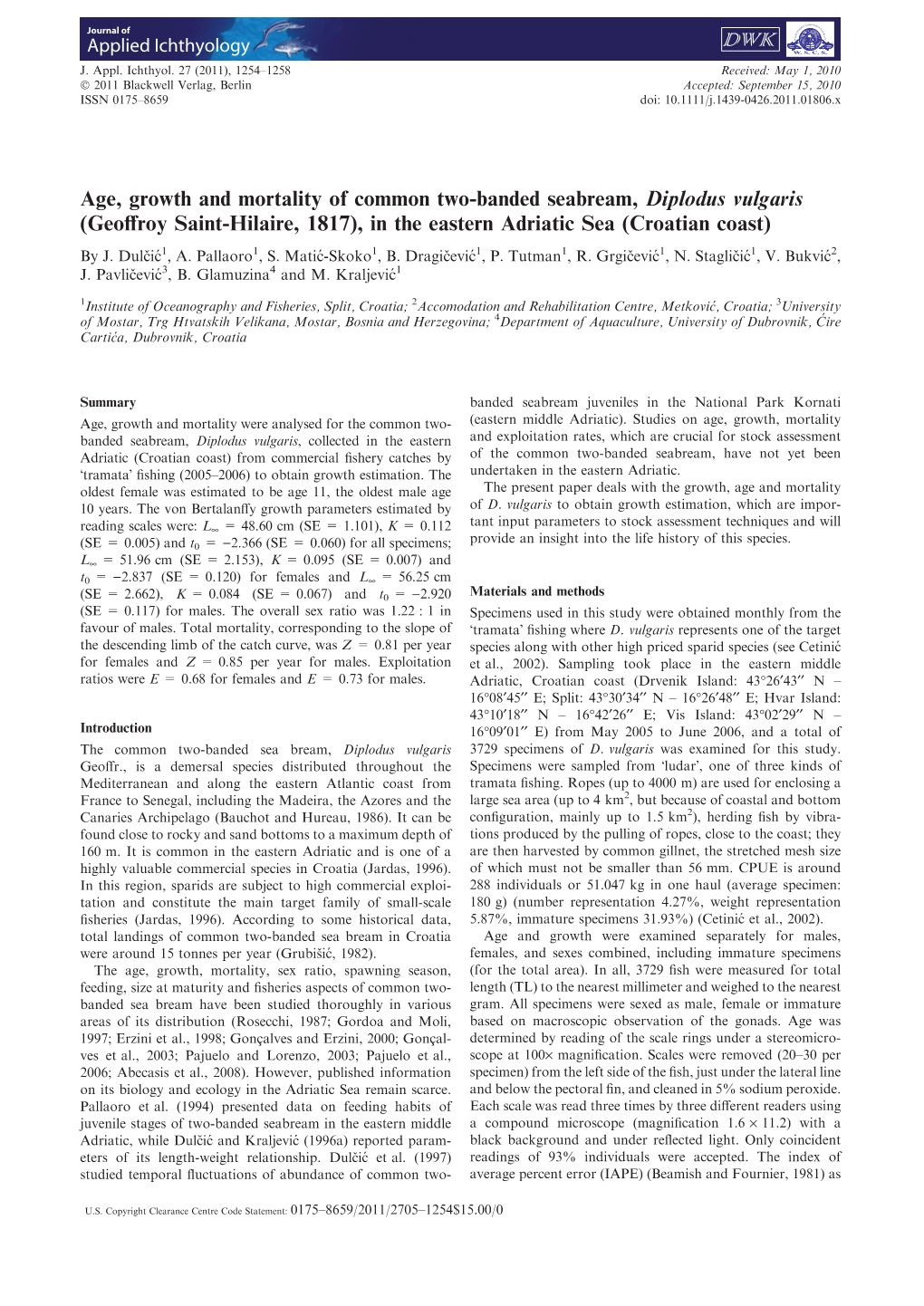 Age, Growth and Mortality of Common Twobanded Seabream, Diplodus