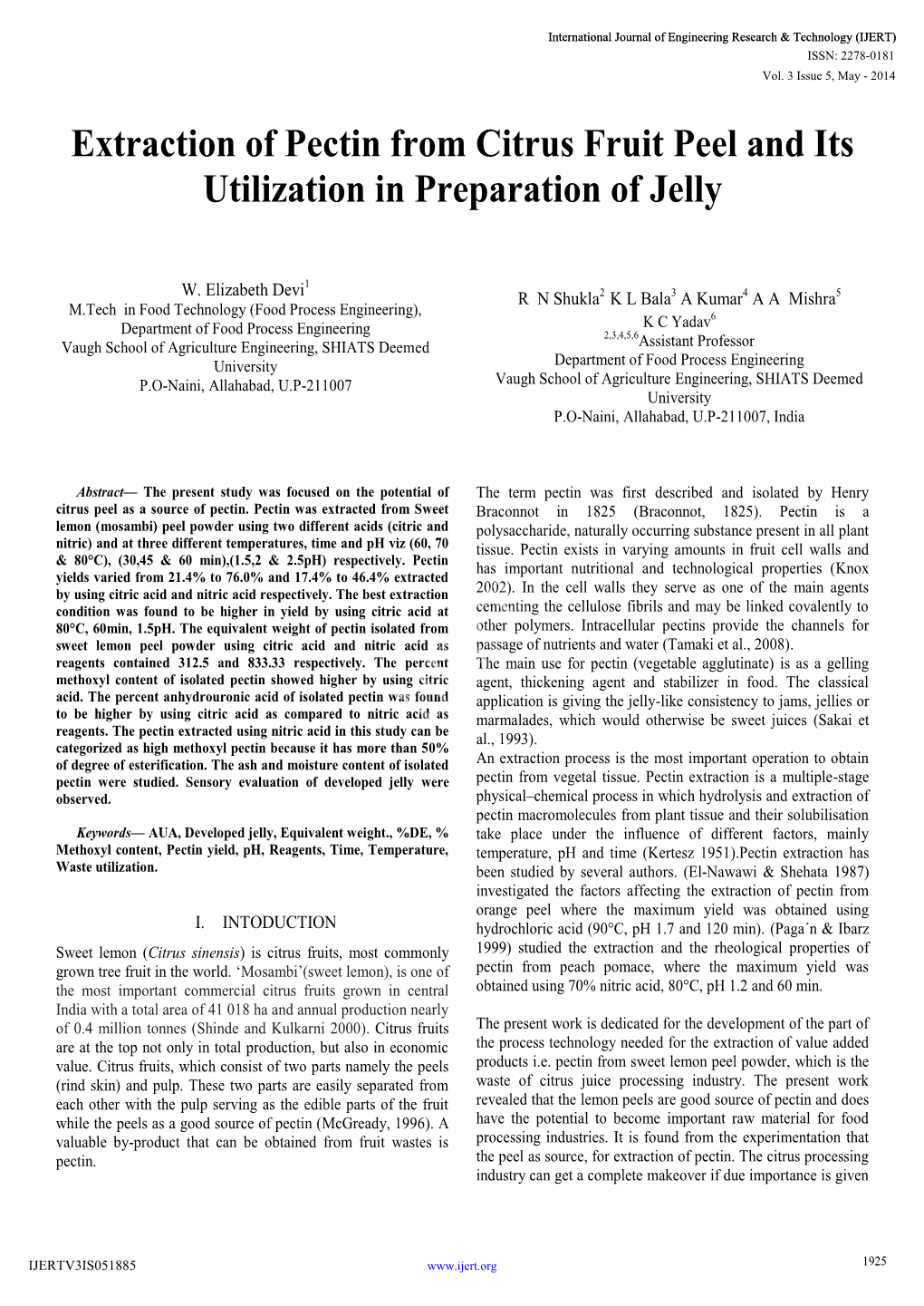 Extraction of Pectin from Citrus Fruit Peel and Its Utilization in Preparation of Jelly