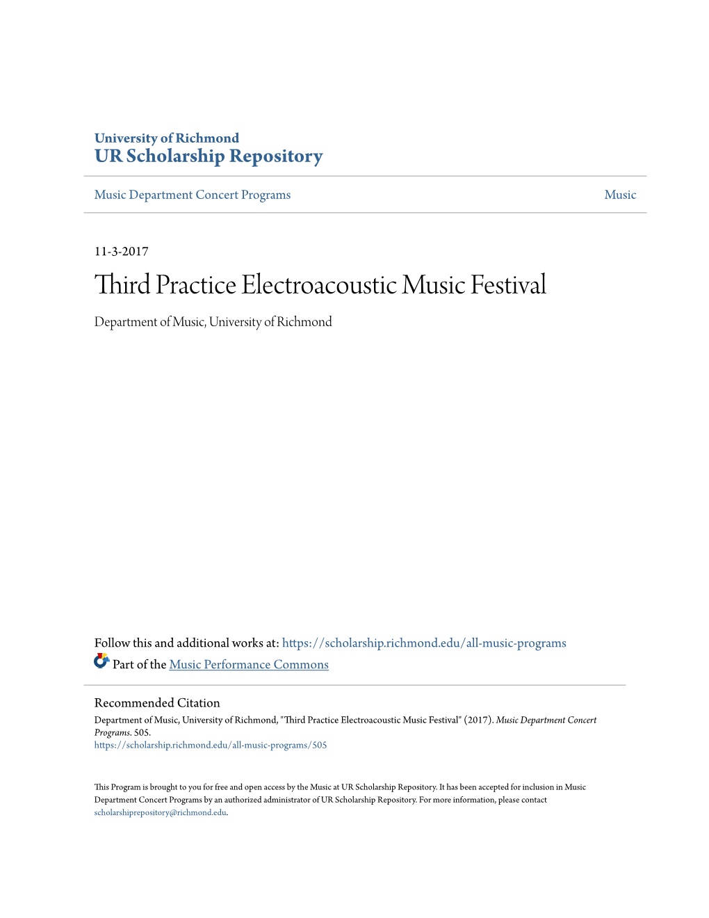 Third Practice Electroacoustic Music Festival Department of Music, University of Richmond