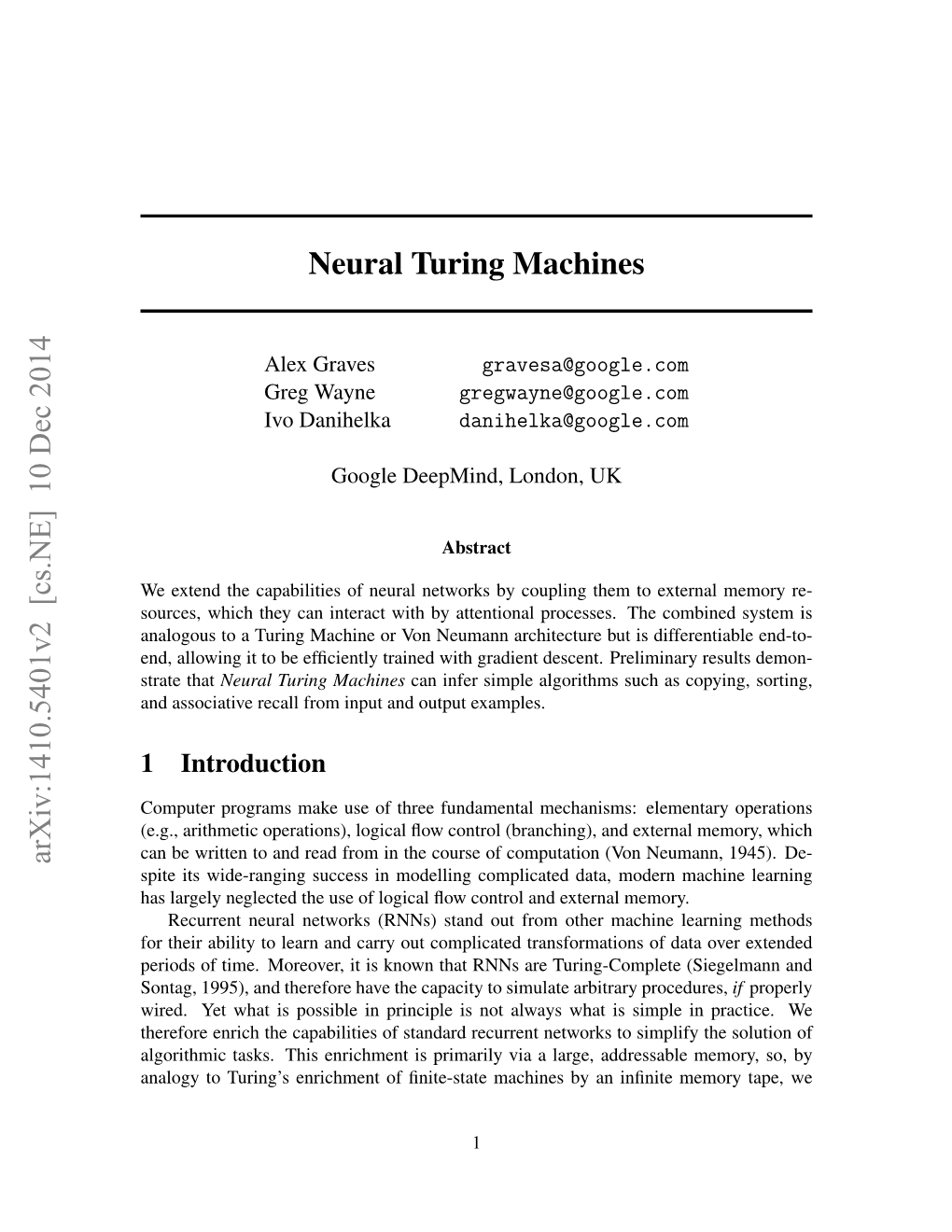 Neural Turing Machines Arxiv:1410.5401V2 [Cs.NE]
