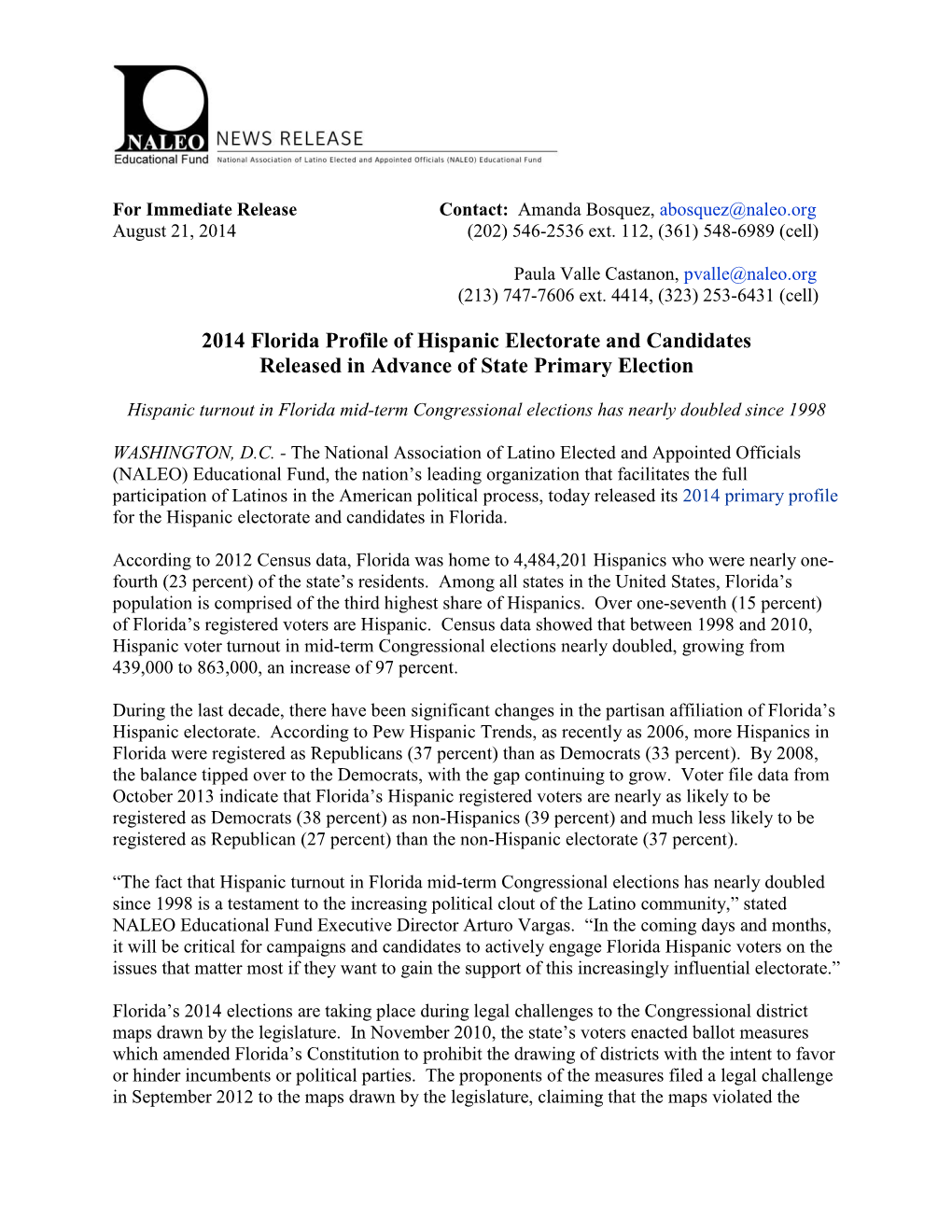 2014 Florida Profile of Hispanic Electorate and Candidates Released in Advance of State Primary Election