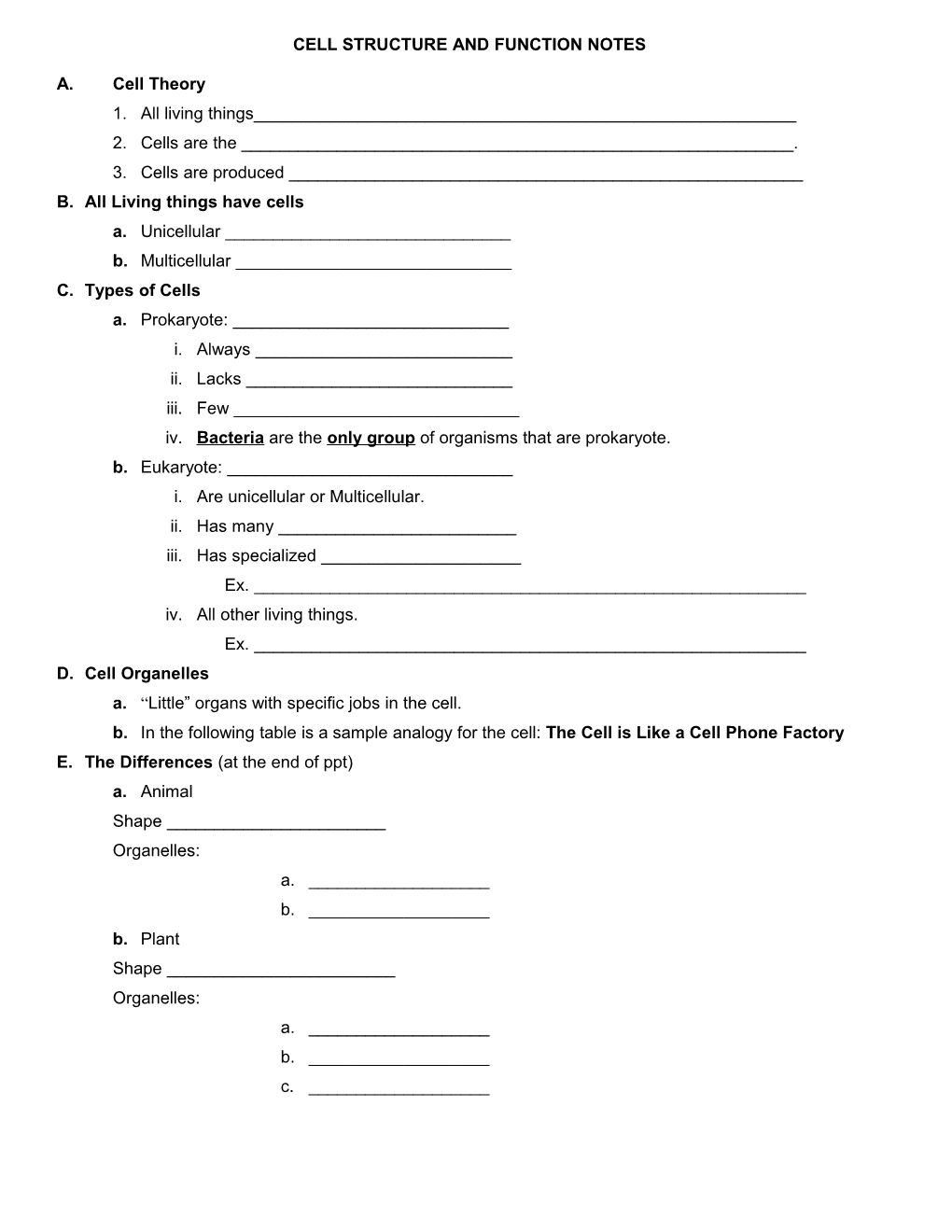 Cell Structure and Function Notes