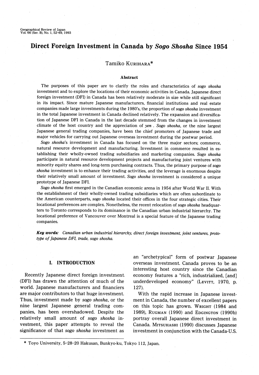 Direct Foreign Investment in Canada by Sogo Shosha Since 1954