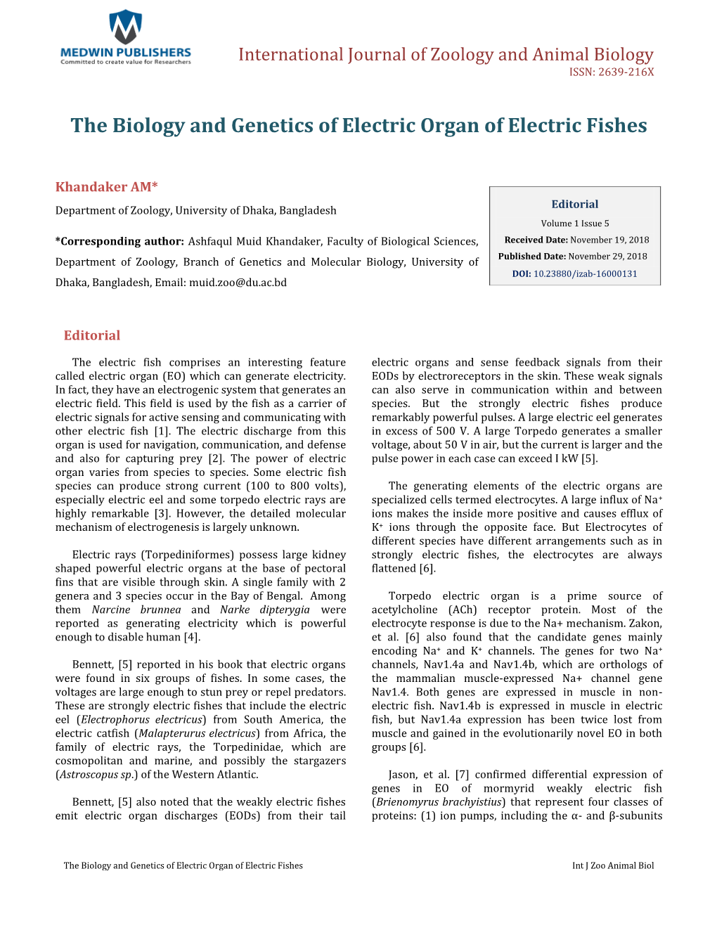 The Biology and Genetics of Electric Organ of Electric Fishes