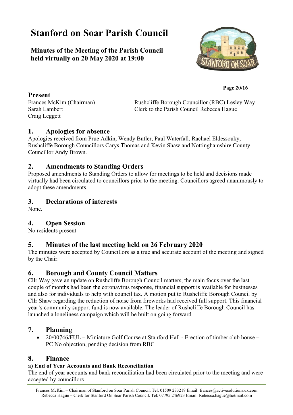 Minutes of the Parish Council Meeting – 20 May 2020