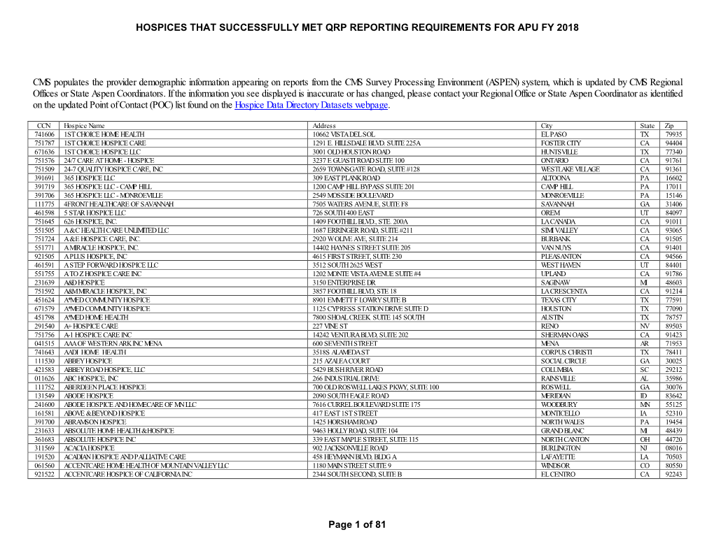 Hospice APU Compliant List