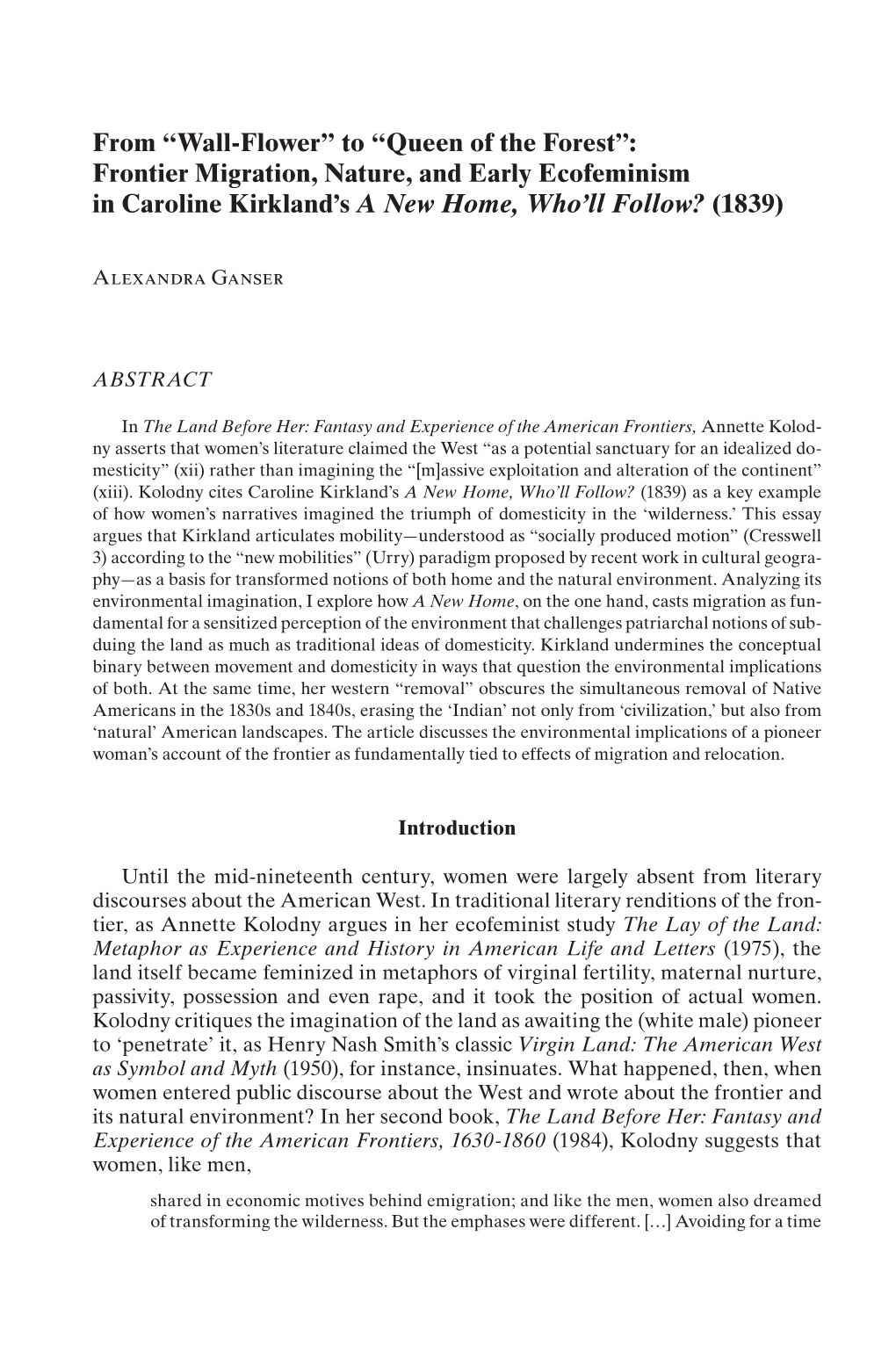 Frontier Migration, Nature, and Early Ecofeminism in Caroline Kirkland’S a New Home, Who’Ll Follow? (1839)