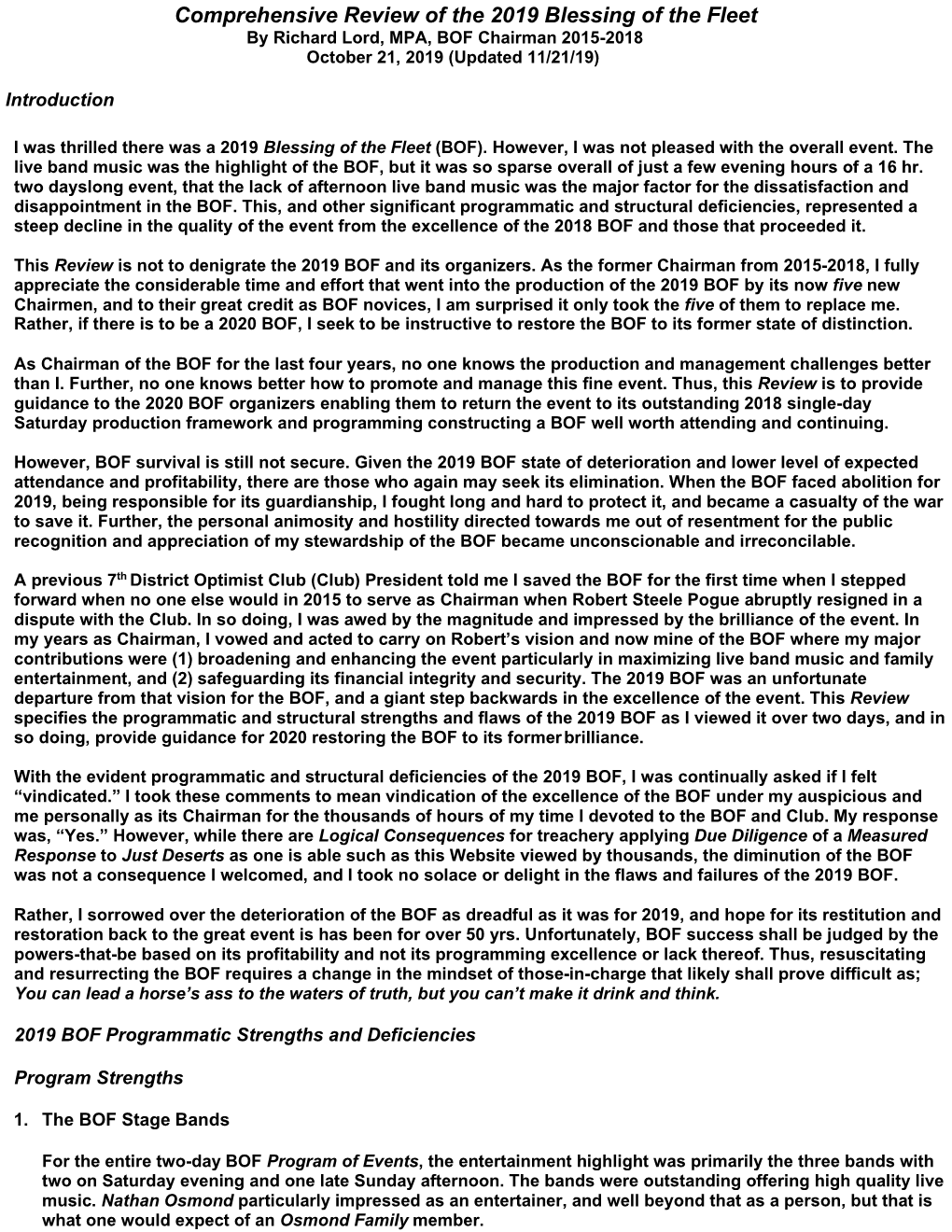 Comprehensive Review of the 2019 Blessing of the Fleet by Richard Lord, MPA, BOF Chairman 2015-2018 October 21, 2019 (Updated 11/21/19)