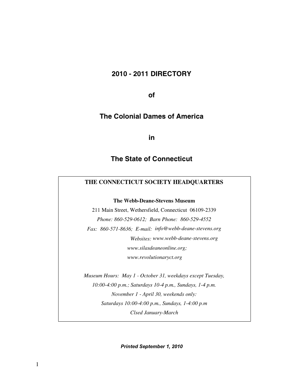 2011 DIRECTORY of the Colonial Dames of America in the State Of