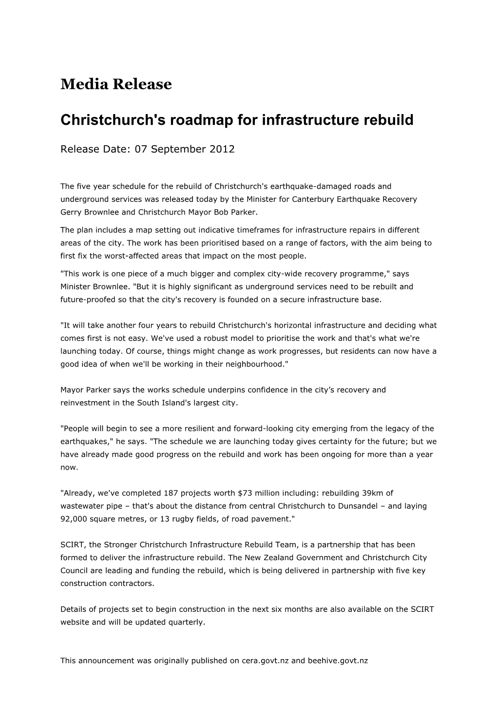 Media Release Christchurch's Roadmap for Infrastructure Rebuild