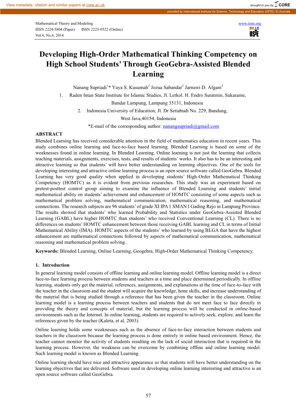 Developing High-Order Mathematical Thinking Competency on High School Students’ Through Geogebra-Assisted Blended Learning
