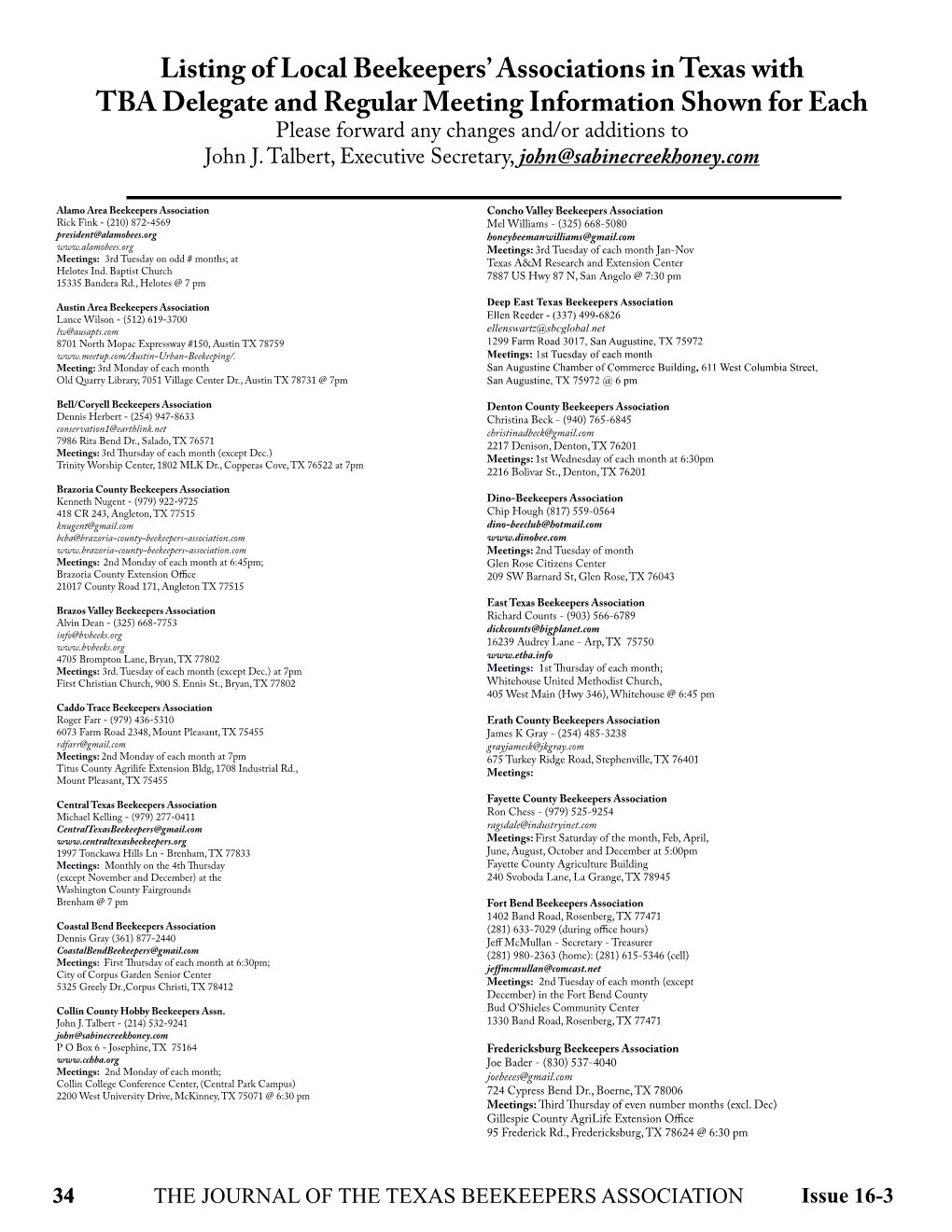 Listing of Local Beekeepers' Associations in Texas with TBA