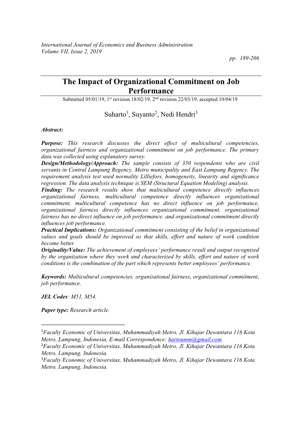 The Impact of Organizational Commitment on Job Performance Submitted 05/01/19, 1St Revision 18/02/19, 2Nd Revision 22/03/19, Accepted 10/04/19