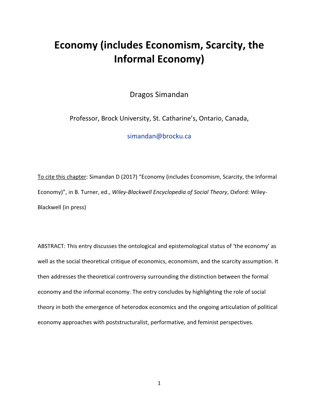 Economy (Includes Economism, Scarcity, the Informal Economy)