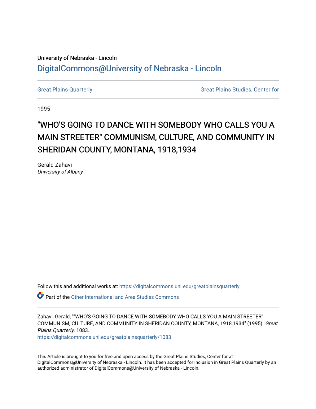 Who's Going to Dance with Somebody Who Calls You a Main Streeter" Communism, Culture, and Community in Sheridan County, Montana, 1918,1934