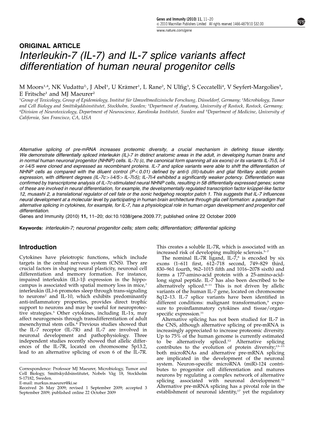 IL-7) and IL-7 Splice Variants Affect Differentiation of Human Neural Progenitor Cells