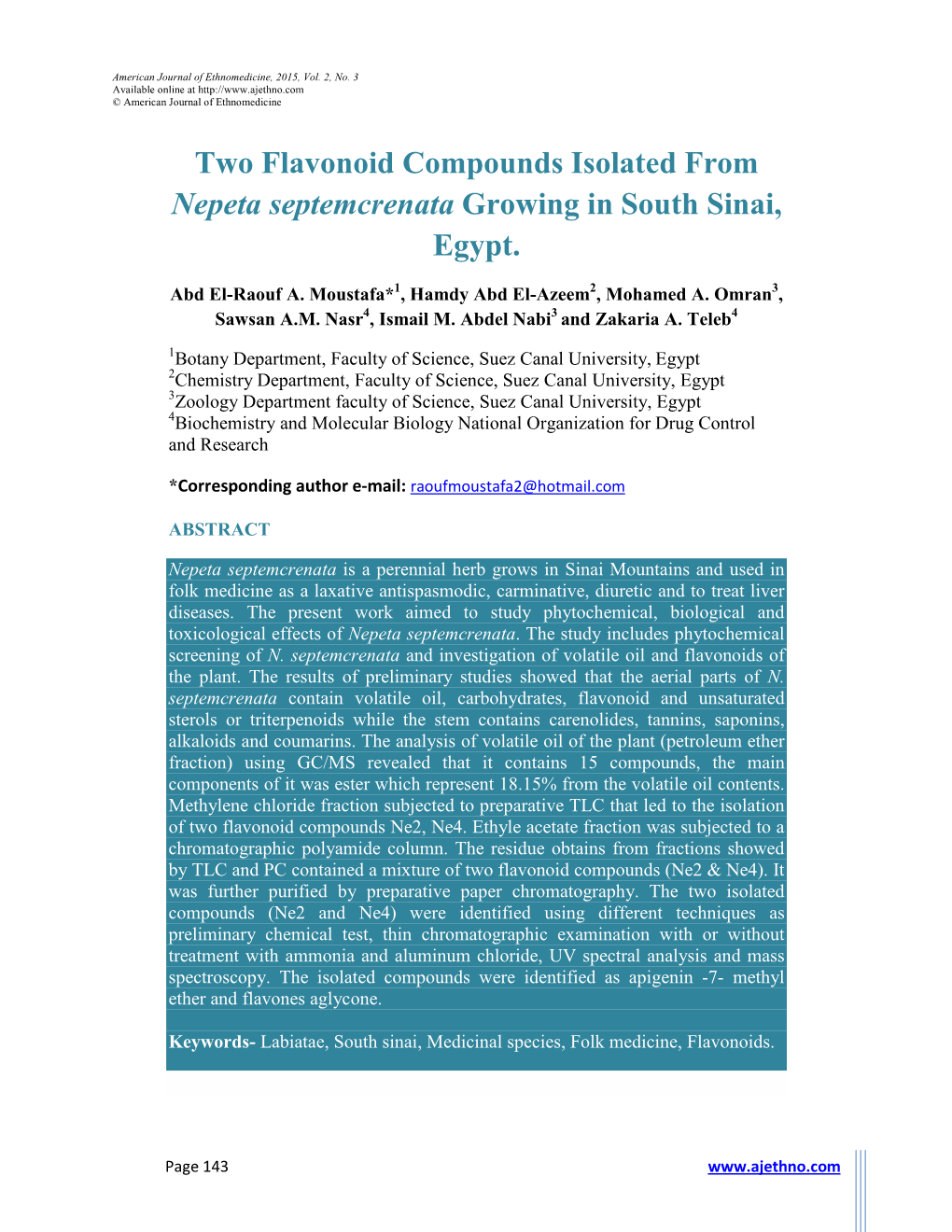 Two Flavonoid Compounds Isolated from Nepeta Septemcrenata Growing in South Sinai, Egypt