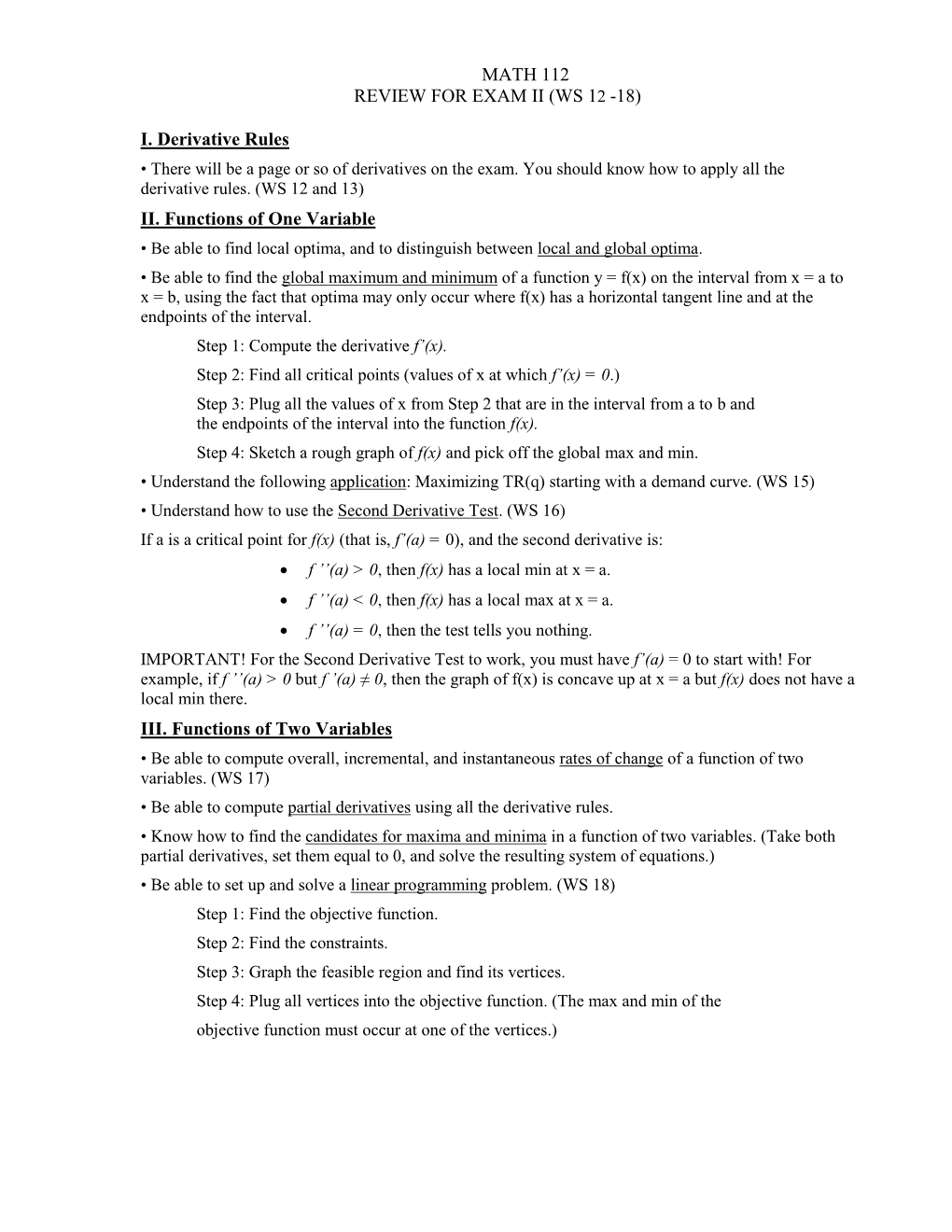 Math 112 Review for Exam Ii (Ws 12 -18)