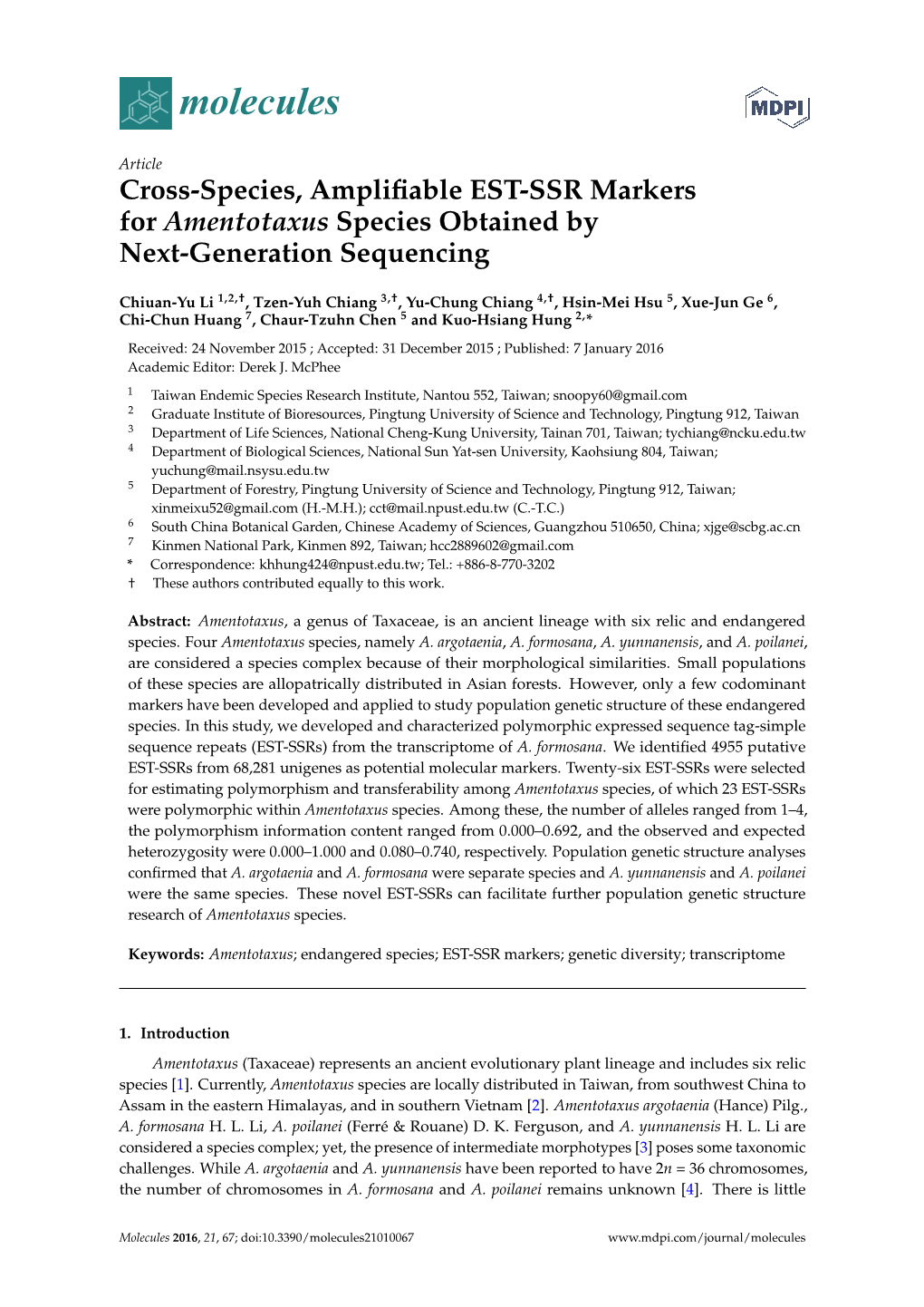 Cross-Species, Amplifiable EST-SSR Markers for Amentotaxus Species