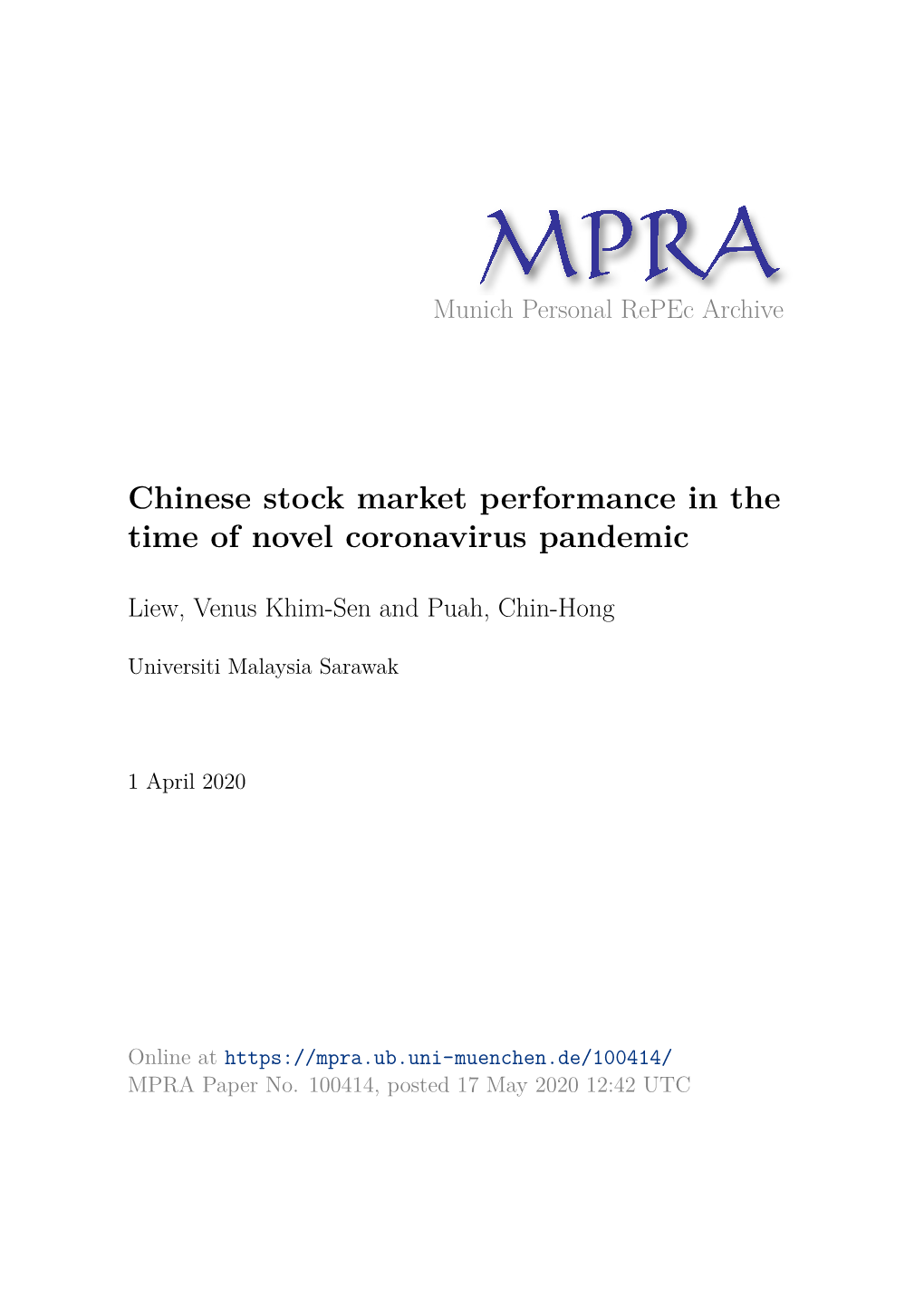 Chinese Stock Market Performance in the Time of Novel Coronavirus Pandemic