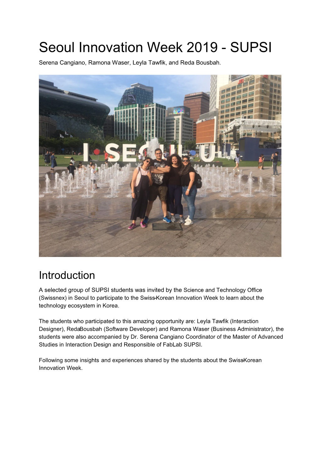 Seoul Innovation Week 2019 - SUPSI Serena Cangiano, Ramona Waser, Leyla Tawfik, and Reda Bousbah