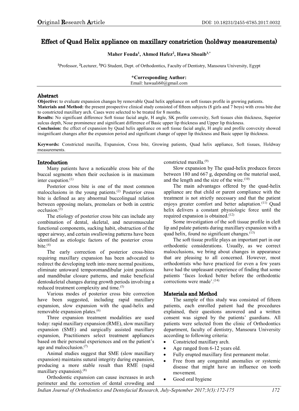 Effect of Quad Helix Appliance on Maxillary Constriction (Holdway Measurements)