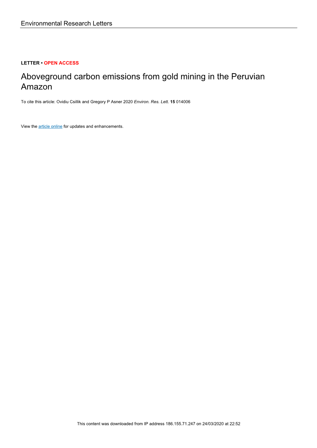 Aboveground Carbon Emissions from Gold Mining in the Peruvian Amazon