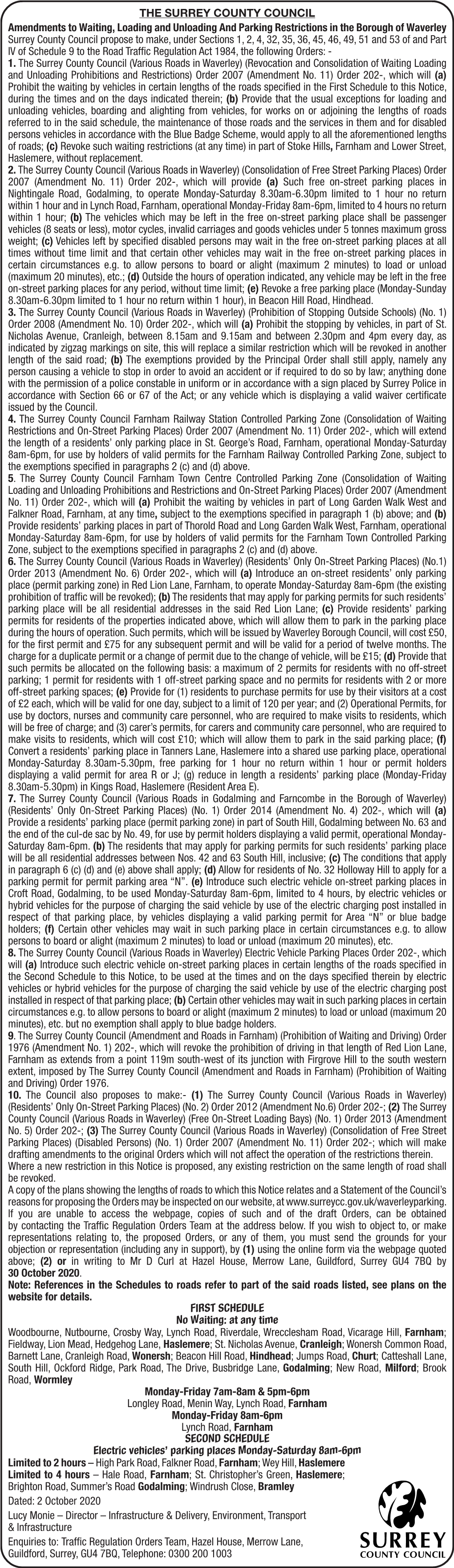 THE SURREY COUNTY COUNCIL Amendments to Waiting, Loading and Unloading and Parking Restrictions in the Borough of Waverley Surre