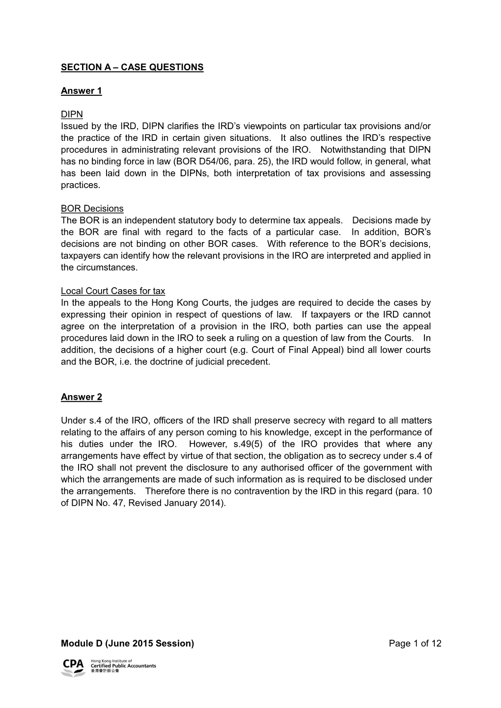 Module D (June 2015 Session) Page 1 of 12