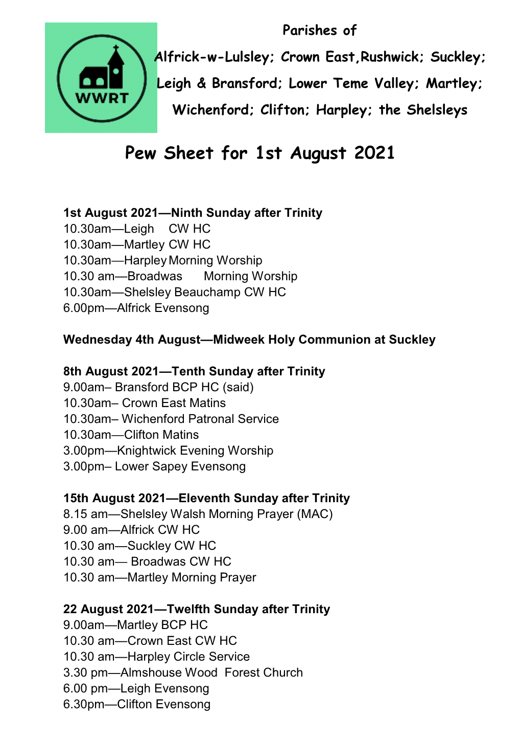 Pew Sheet for 1St August 2021