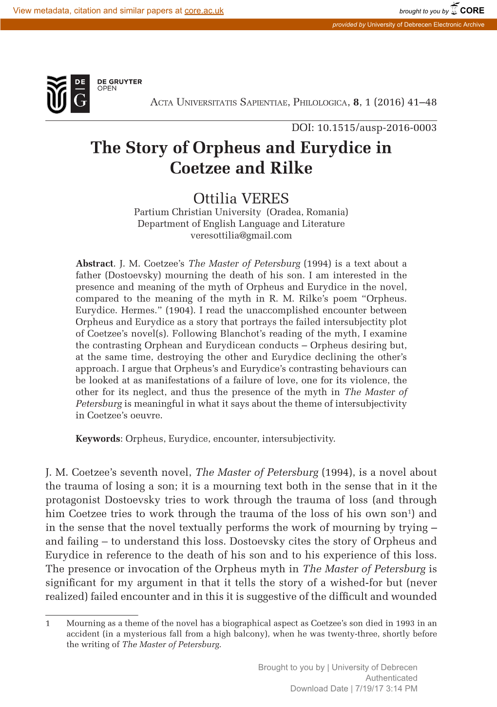 The Story of Orpheus and Eurydice in Coetzee and Rilke