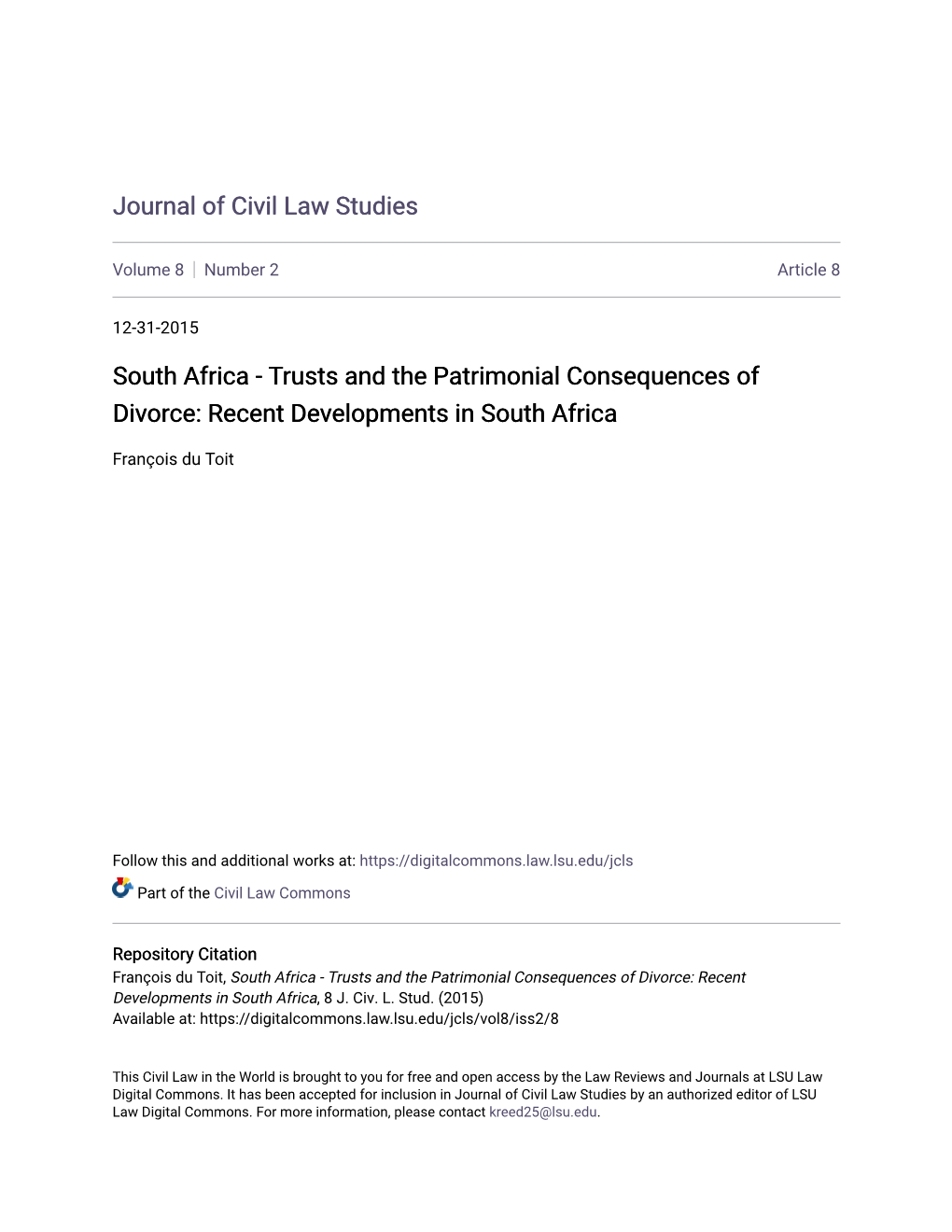 South Africa - Trusts and the Patrimonial Consequences of Divorce: Recent Developments in South Africa