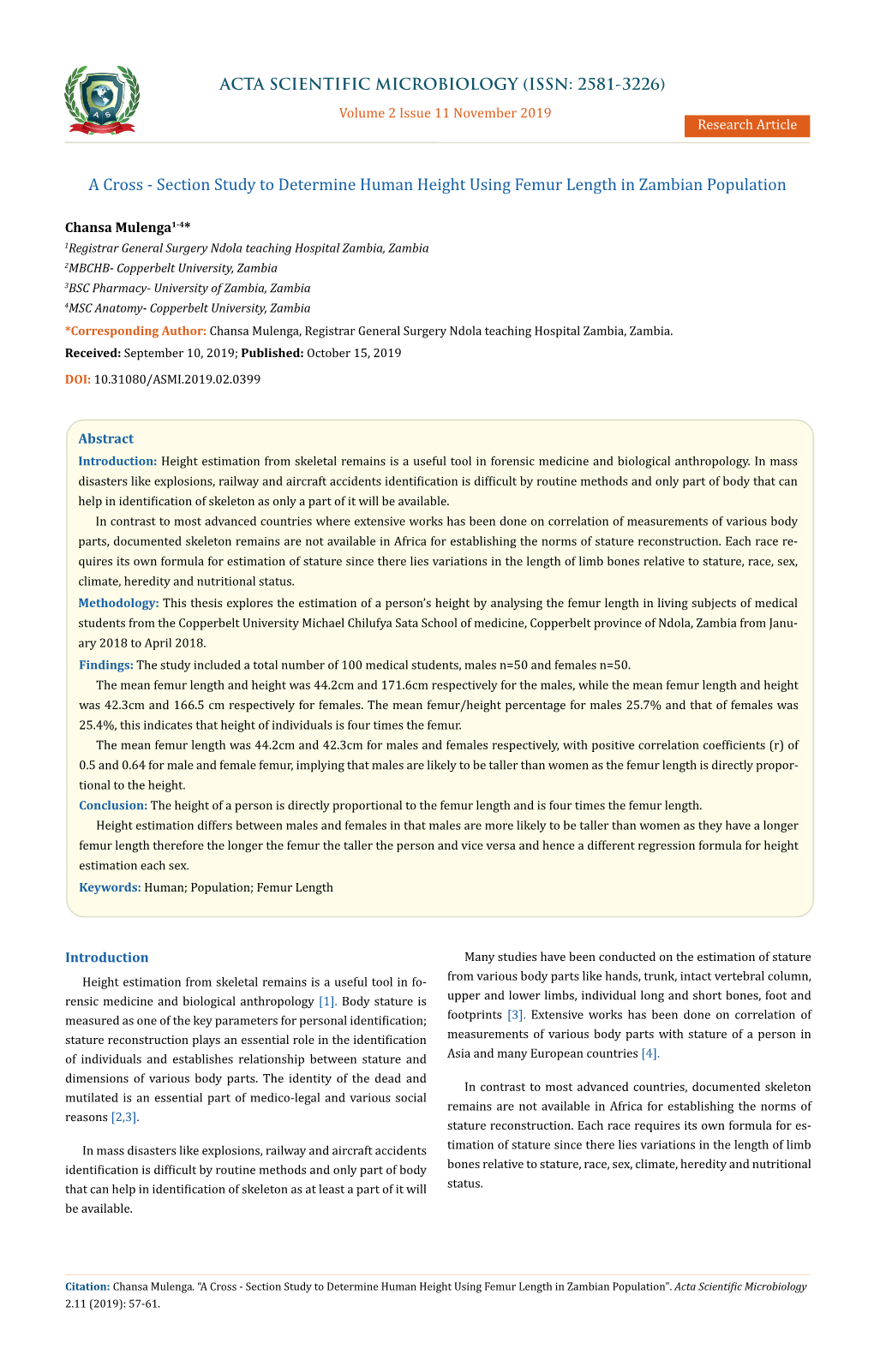 Section Study to Determine Human Height Using Femur Length in Zambian Population