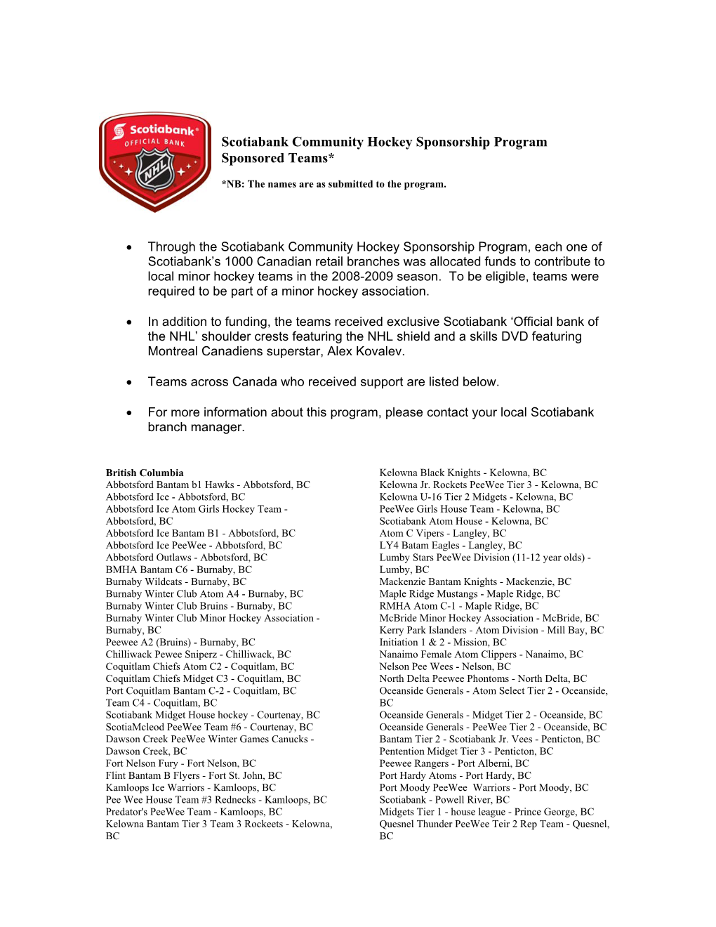 Scotiabank Community Hockey Sponsorship Program Sponsored Teams*
