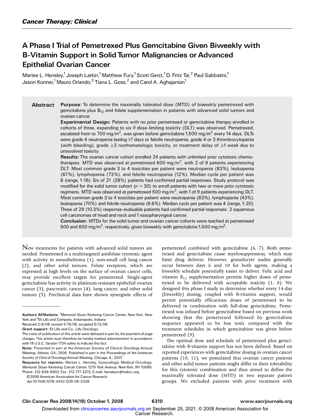 A Phase I Trial of Pemetrexed Plus Gemcitabine Given Biweekly with B-Vitamin Support in Solid Tumor Malignancies Or Advanced Epithelial Ovarian Cancer Martee L