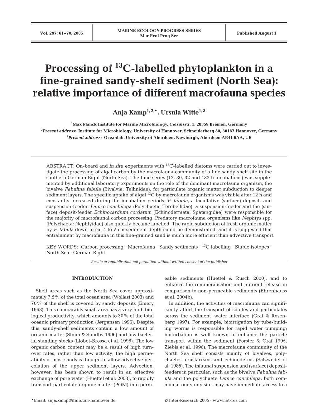 Processing of 13C-Labelled Phytoplankton in a Fine-Grained Sandy-Shelf Sediment (North Sea): Relative Importance of Different Macrofauna Species