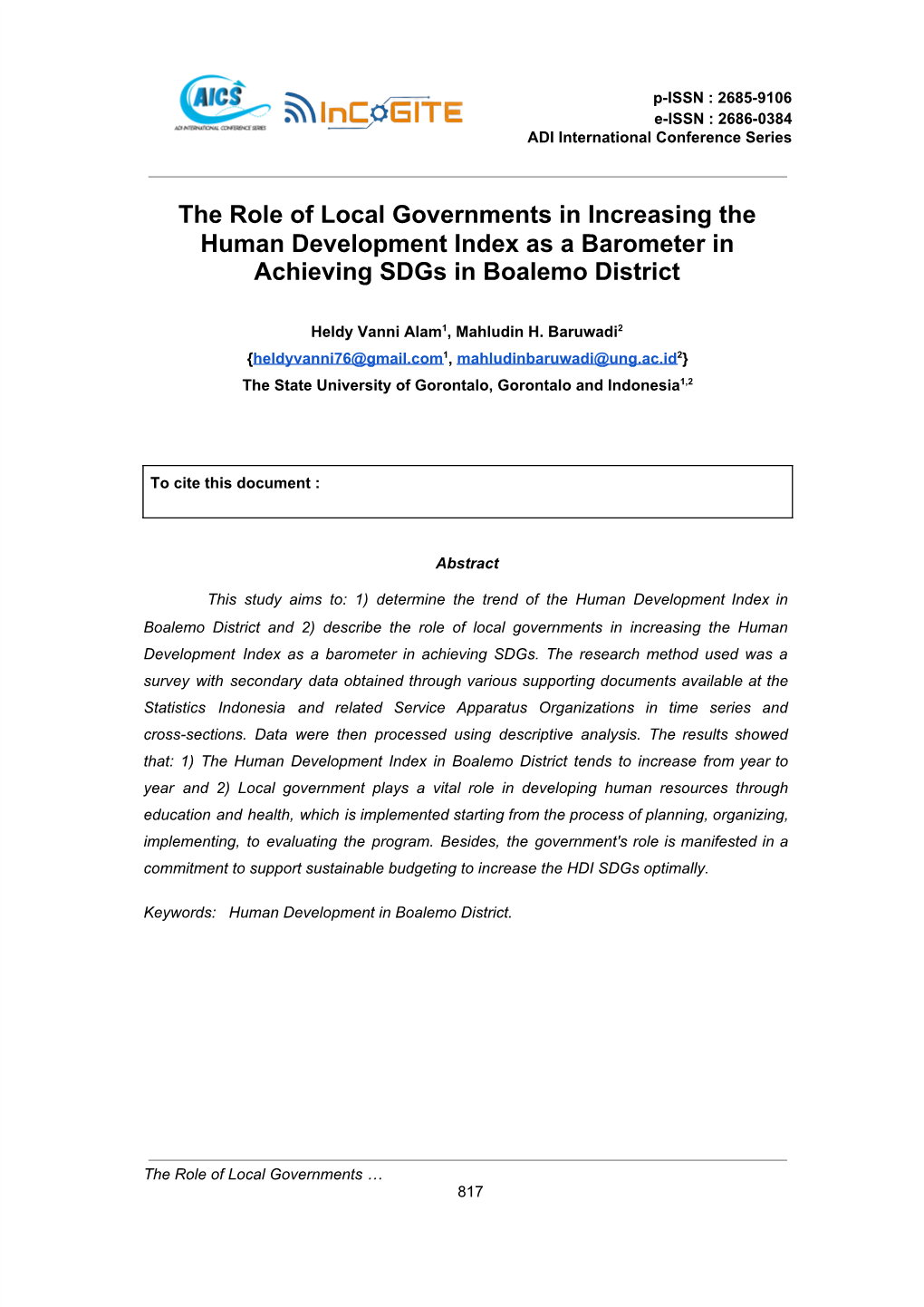 The Role of Local Governments in Increasing the Human Development Index As a Barometer in Achieving Sdgs in Boalemo District