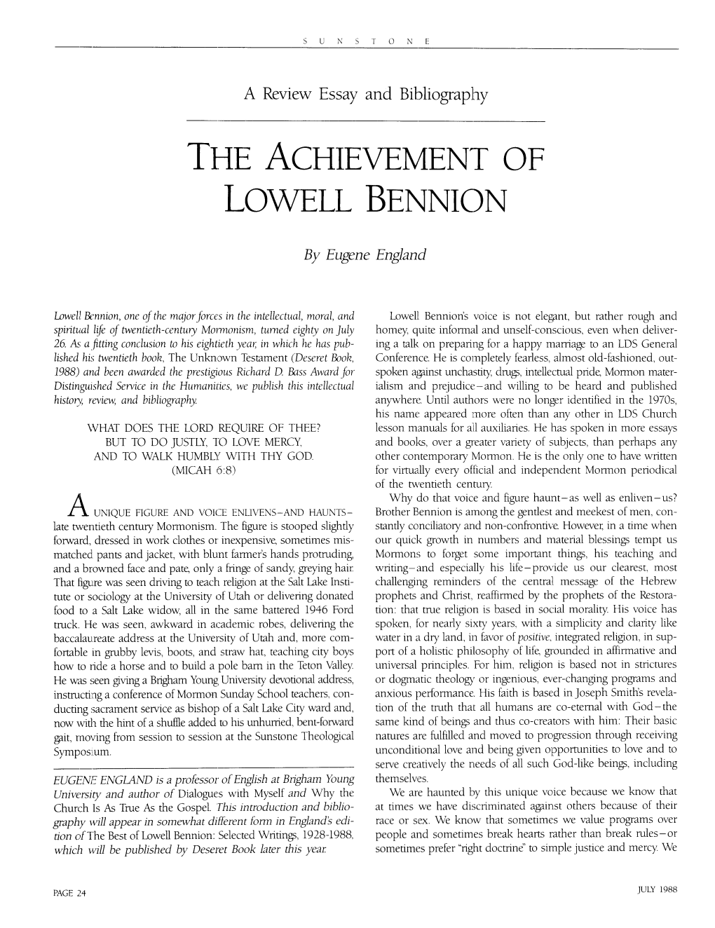 The Achievement of Lowell Bennion