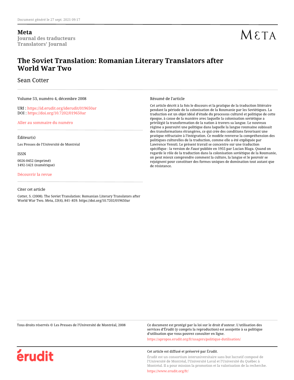 The Soviet Translation: Romanian Literary Translators After World War Two Sean Cotter