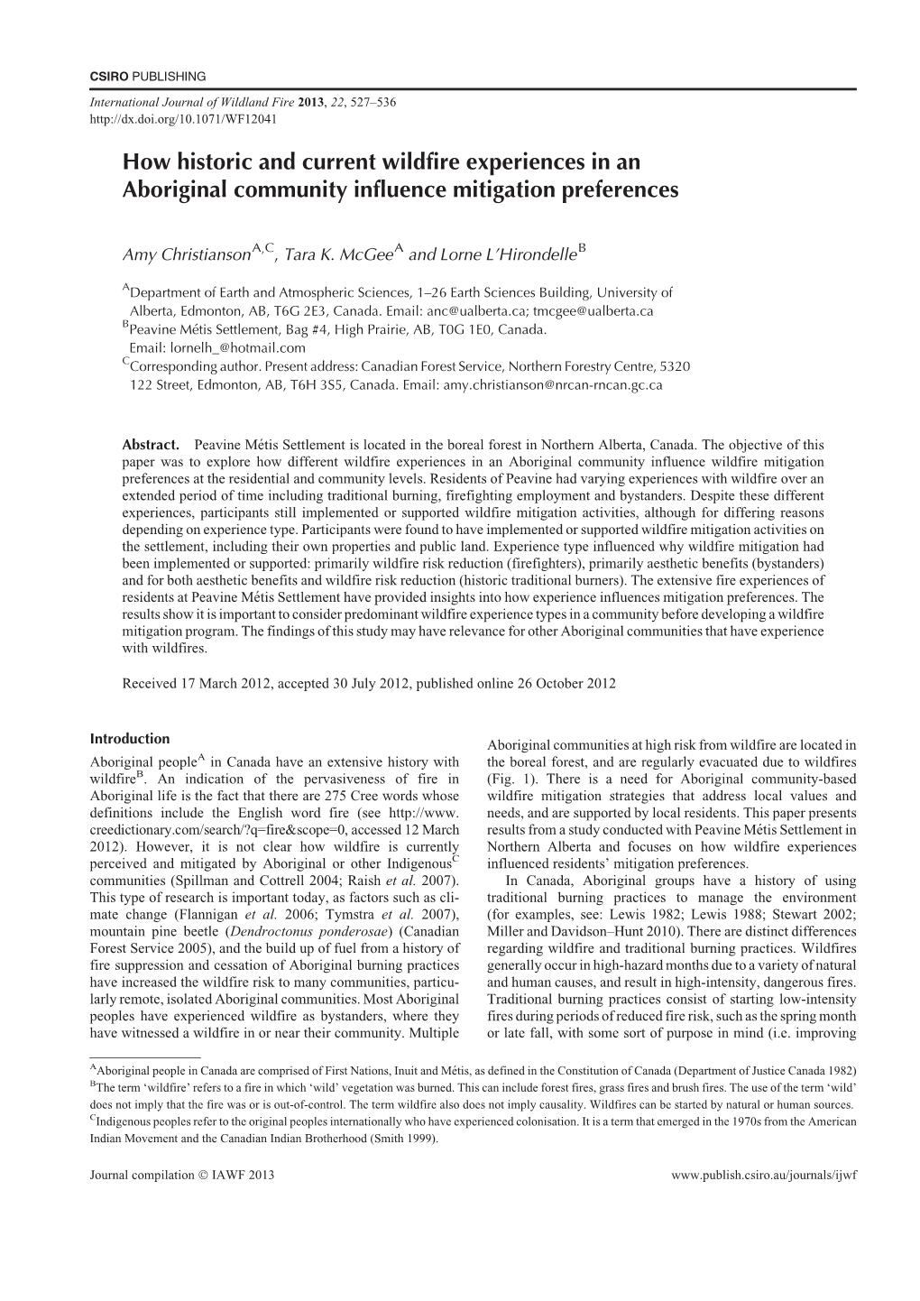 How Historic and Current Wildfire Experiences in an Aboriginal Community Influence Mitigation Preferences