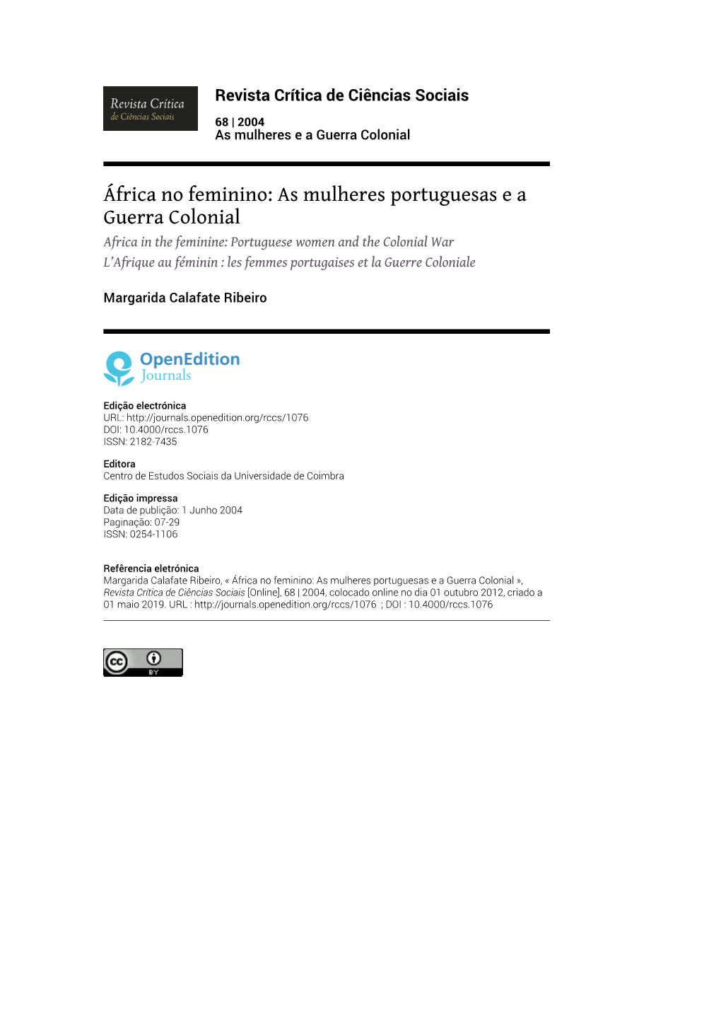 África No Feminino: As Mulheres Portuguesas E a Guerra Colonial1