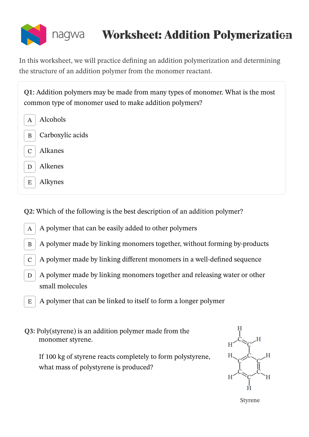 Worksheet: Addition Polymerization