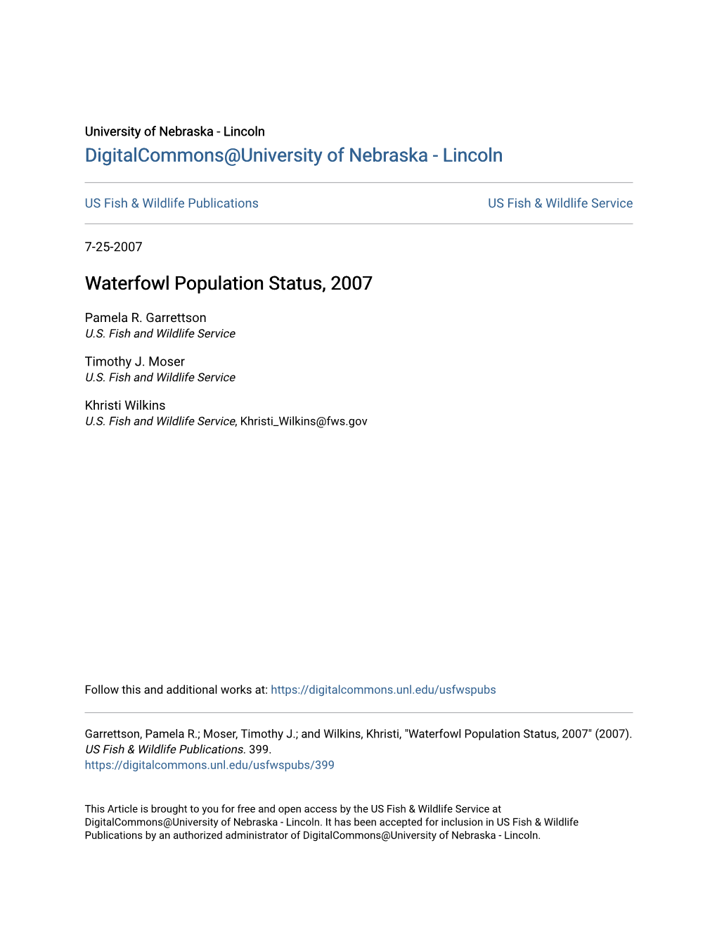 Waterfowl Population Status, 2007